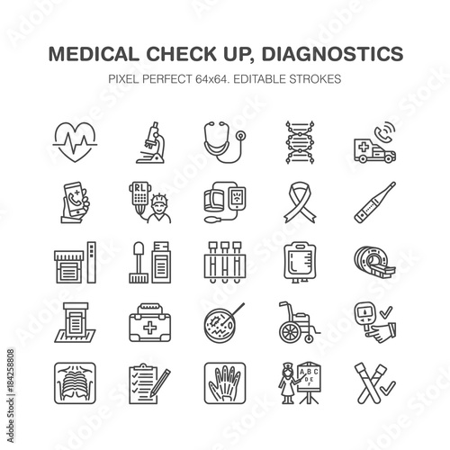 Medical check up, flat line icons. Health diagnostics equipment - mri, tomography, glucometer, stethoscope, blood pressure, x-ray, blood test. Hospital outline signs. Pixel perfect 64x64