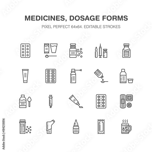 Medicines, dosage forms line icons. Pharmacy medicaments, tablet, capsules, pills, antibiotics, vitamins, painkillers. Medical threatment, health care linear signs for drug store Pixel perfect 64x64 photo