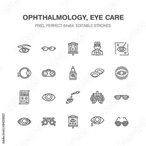 Ophthalmology, eyes health care line icons. Optometry equipment, contact lenses, glasses, blindness. Vision correction thin linear signs for oculist clinic. Pixel perfect 64x64.
