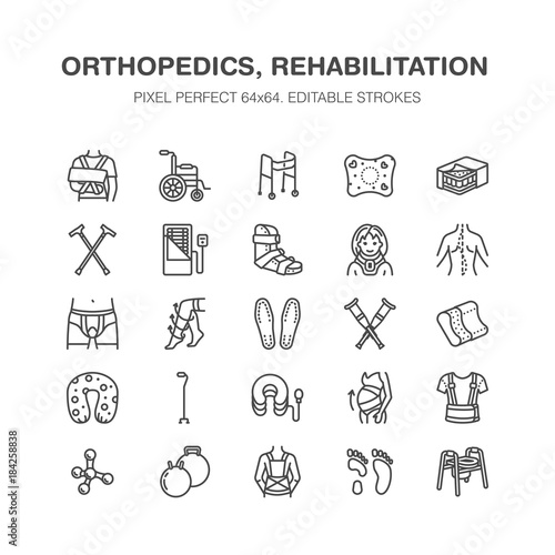 Orthopedics, trauma rehabilitation line icons. Crutches, mattress pillow, cervical collar, walkers, medical rehab goods. Health care thin linear signs for clinic and hospital. Pixel perfect 64x64.