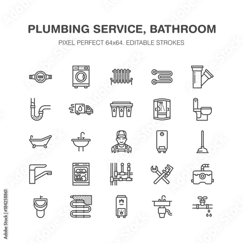 Plumbing service vector flat line icons. House bathroom equipment, faucet, toilet, pipeline, washing machine, dishwasher. Plumber repair illustration, signs for handyman services. Pixel perfect 64x64.