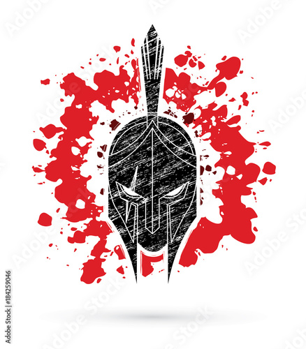 Roman or Greek Helmet , Spartan Helmet, Angry Warrior face designed on splatter blood background graphic vector