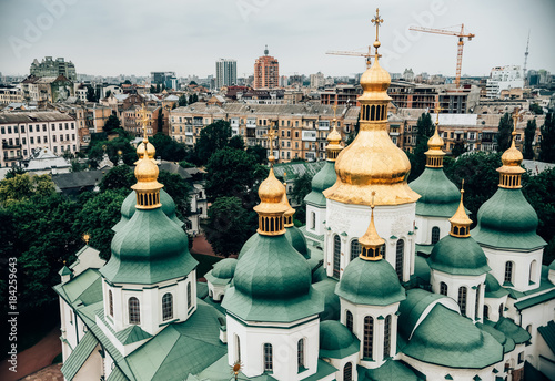 aerial view of Kiev Pechersk Lavra church against beautiful city, Ukraine
