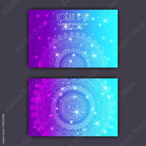 Vector vintage visiting card set. Glowing shiny floral mandala pattern and ornaments. Luxury design.