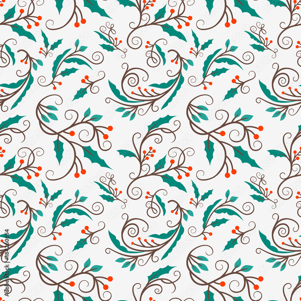 Naklejka premium Christmas seamless pattern with mistletoe branches. Vector background for wrapping paper or greeting cards