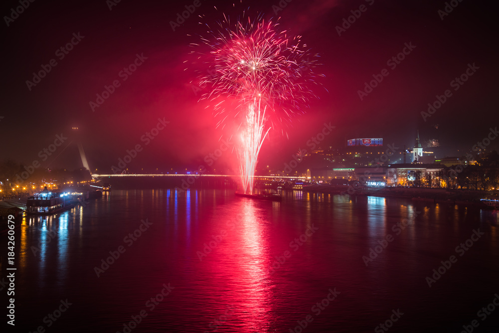 New Year Celebration. Fireworks on Danube River in Bratisalva, Slovakia