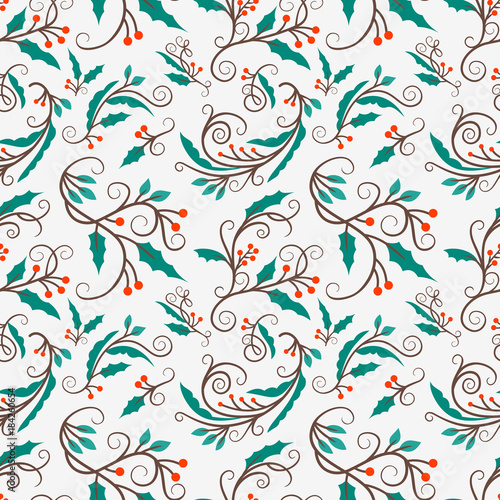 Christmas seamless pattern with mistletoe branches. Vector background for wrapping paper or greeting cards