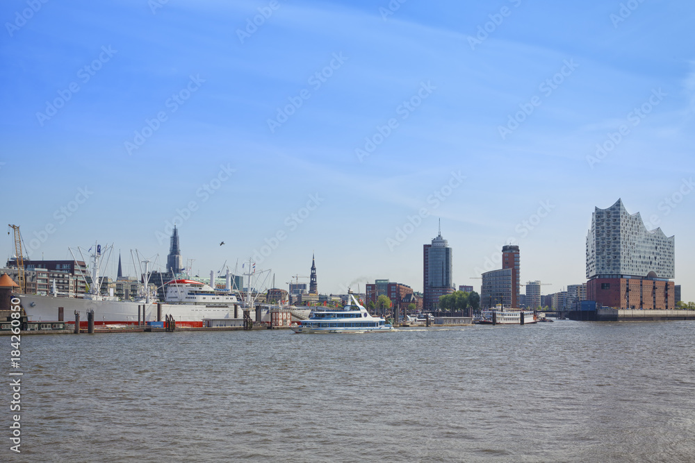 Elbe river, piers and Hafencity quarter at Hamburg, Germany