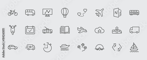 Set of Public Transport Related Vector Line Icons. Contains such Icons as Bus, Bike, Scooter, Car, balloon, Truck, Tram, Trolley, Sailboat, powerboat, Airplane and more. Editable Stroke. 32x32 Pixel