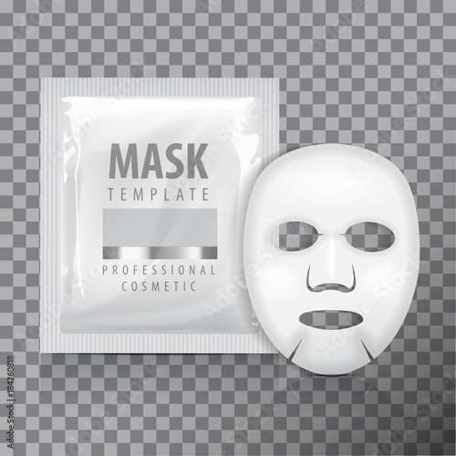 Facial sheet mask with sachet. Blank vector mock up template. Beauty product package