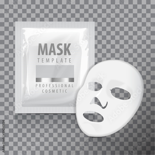 Facial sheet mask with sachet. Blank vector mock up template. Beauty product packaging on transparent background