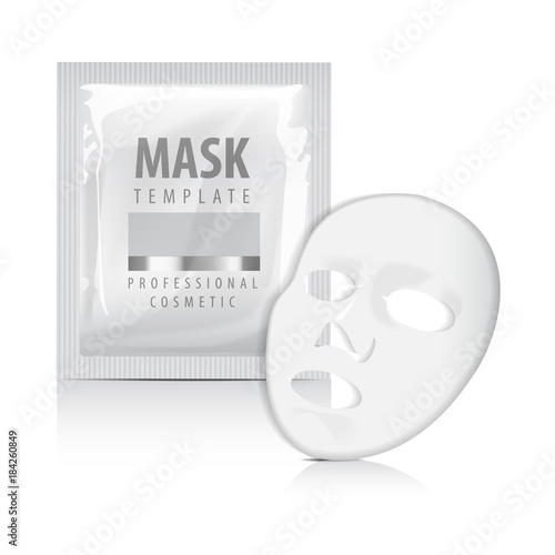 Facial sheet mask with sachet. Blank vector mock up template. Beauty product packaging