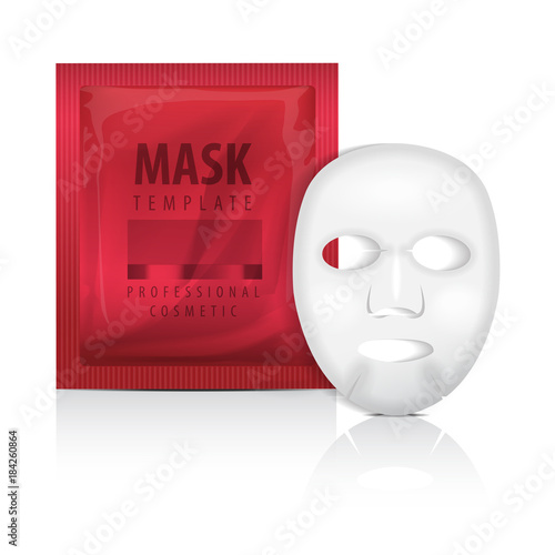 Realistic facial sheet mask and red sachet. Blank vector mock up template. Beauty product packaging