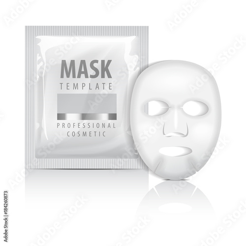 Realistic facial sheet mask and sachet. Blank vector mock up template. Beauty product packaging on white background