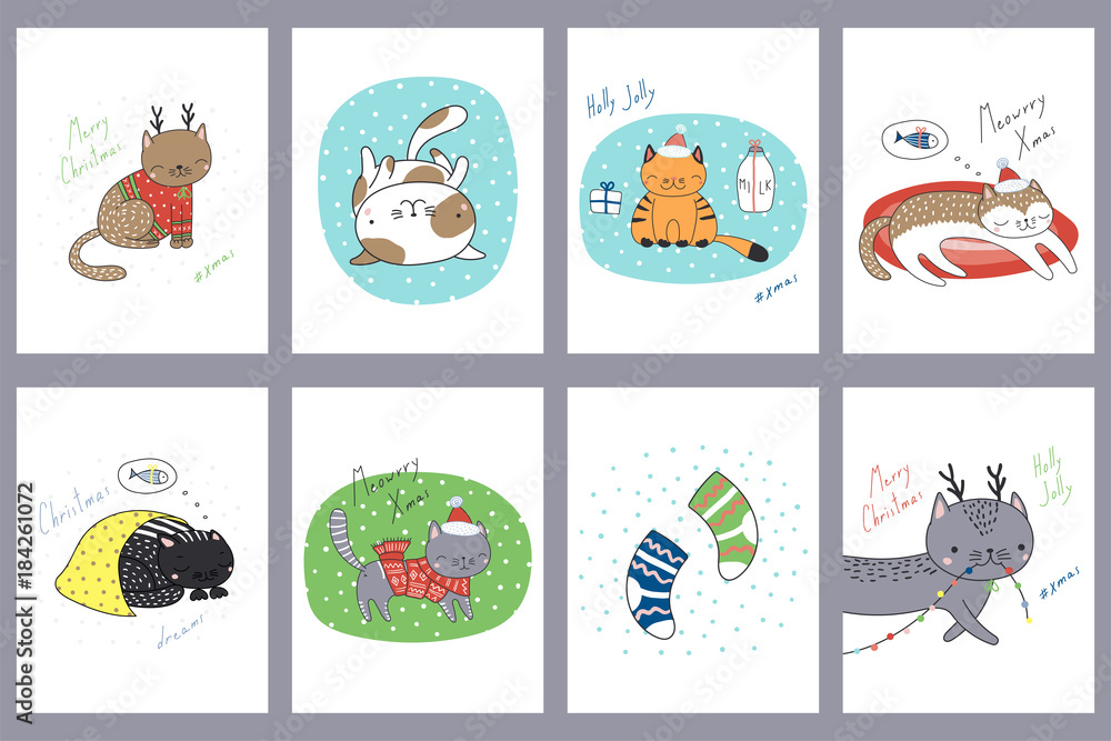 Set of hand drawn greeting cards templates with cute funny cartoon cats in hats, with deer antlers, Christmas ornaments, typography. Vector illustration. Design concept for children, winter holidays.