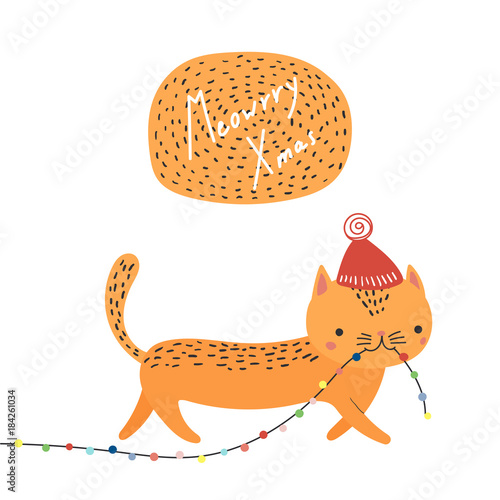 Hand drawn card with cute funny cat in a hat , carrying Christmas lights garland in its mouth, quote. Isolated objects on white background. Vector illustration. Design concept kids, winter holidays.