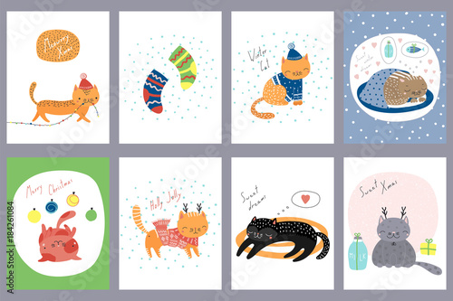Set of hand drawn greeting cards templates with cute funny cartoon cats in hats, with deer antlers, Christmas ornaments, typography. Vector illustration. Design concept for children, winter holidays.