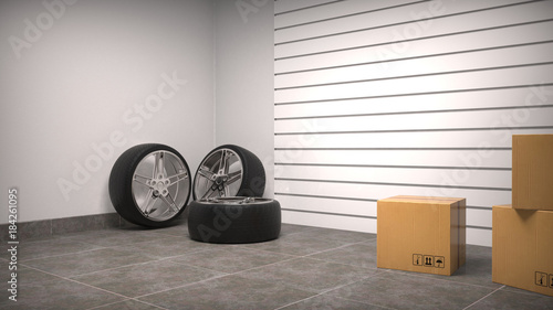 Tires and boxes in garage. Close up. 3D rendering