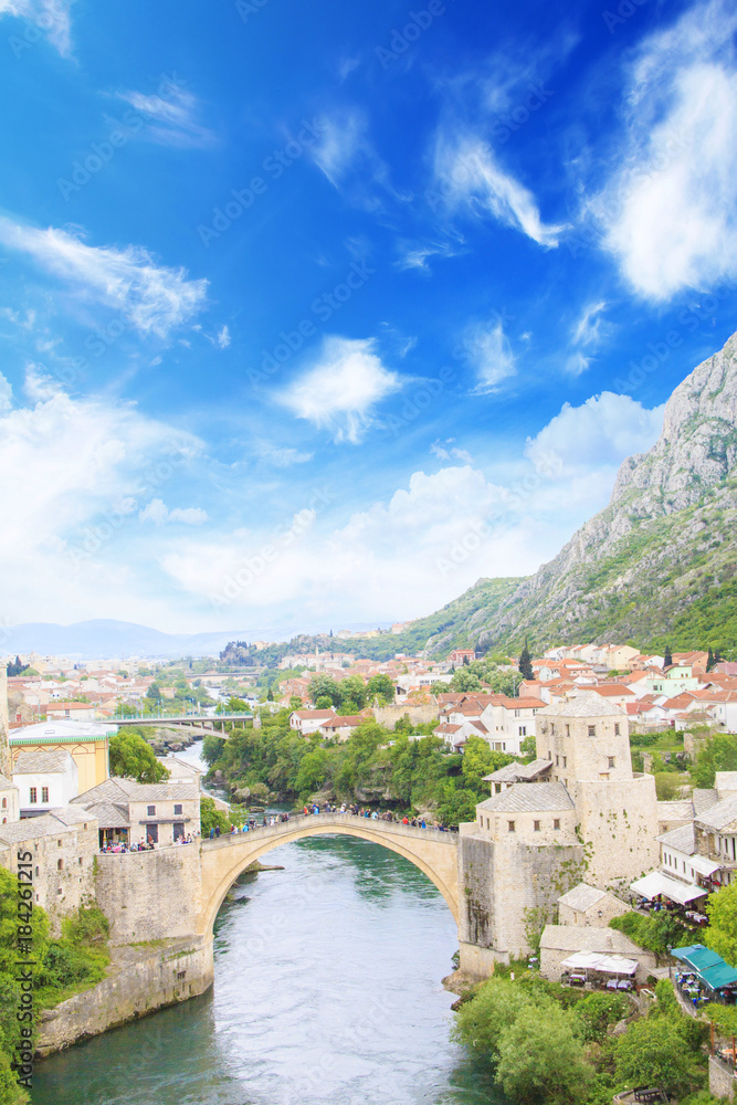 Beautiful view of the medieval town of Mostar from the Old Bridge in Bosnia and Herzegovina
