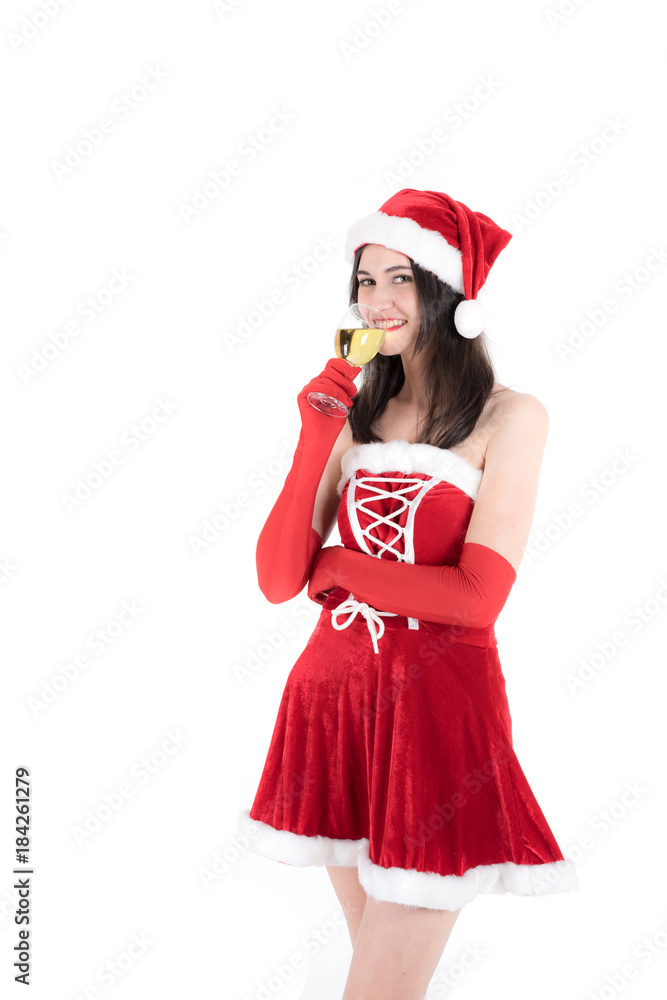 beautiful santa girl wearing santa claus clothes costume over white background , happy new year - Christmas concept beautiful santa girl wearing santa claus clothes costume over white background , happy new year - Christmas concept