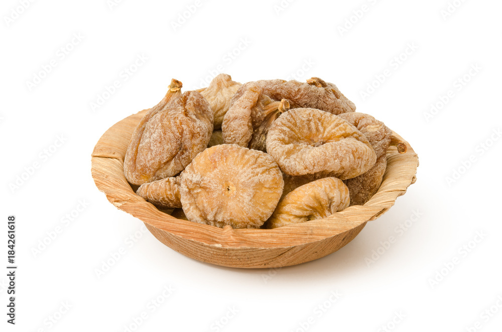 Trockenfrüchte, Feigen, Palmblattschälchen Trockenfrüchte, Feigen, Palmblattschälchen