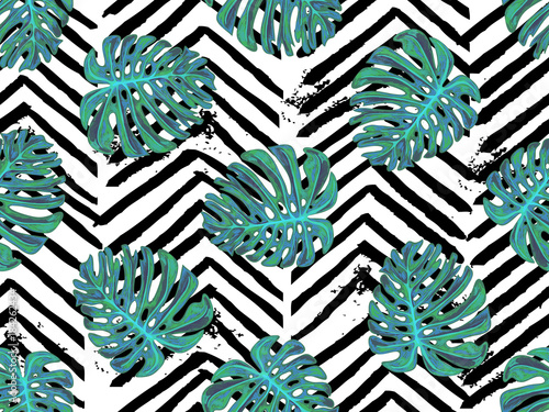 Seamless summer tropical pattern with exotic palm leaves vector background. Perfect for wallpapers, pattern fills, web page backgrounds, surface textures, textile