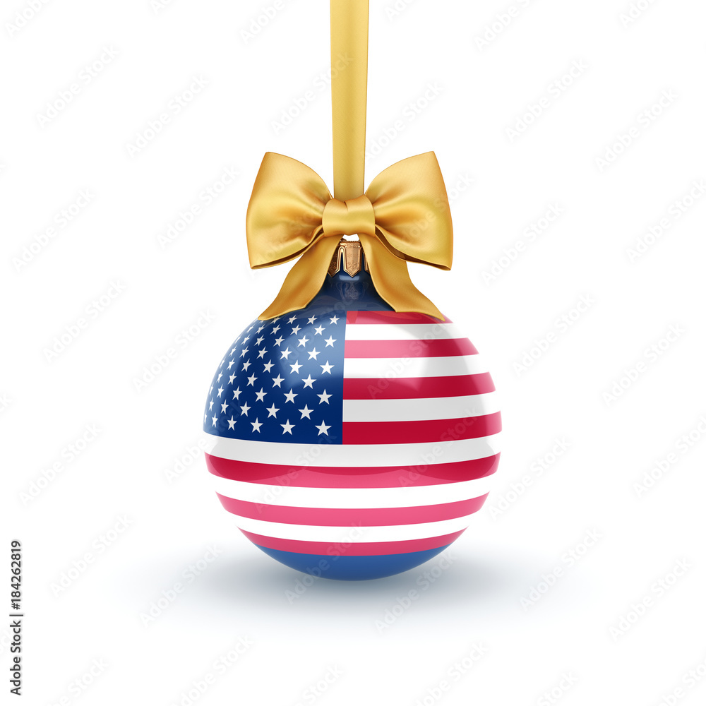 3D rendering Christmas ball with the flag of USA 3D rendering Christmas ball with the flag of USA