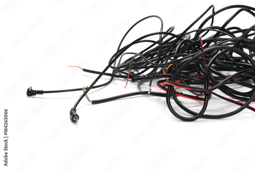 Black damaged, cut cable isolated on white background