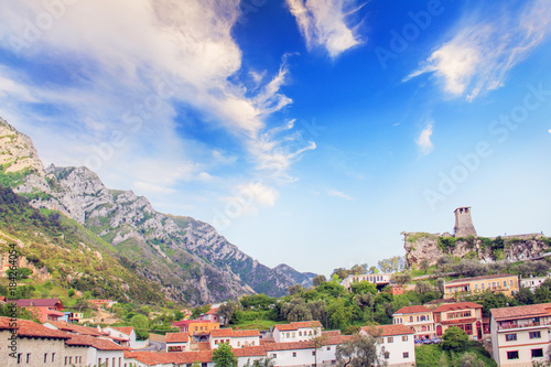 Beautiful view of the medieval town of Kruja at the top of the Sary-Saltiki mountain in Albania