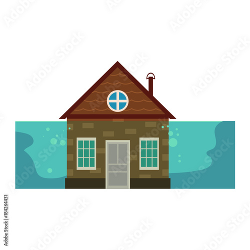 Cottage house under water, flood insurance concept icon, cartoon vector illustration isolated on white background. Cottage house flooded by water to the rood, home insurance from flooding