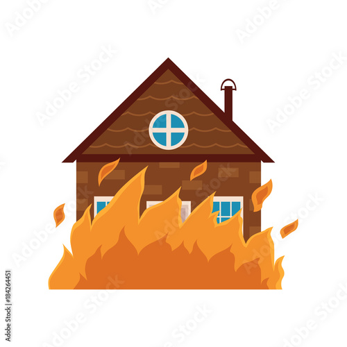Cottage house burning, fire insurance concept icon, cartoon vector illustration isolated on white background. Fire insurance icon, symbol, sign with cartoon style picture of burning cottage house