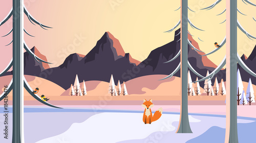 Winter Landscape with Fox in Flat Style Illustartion