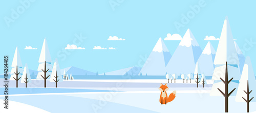 Winter Landscape with Fox in Flat Style Illustartion