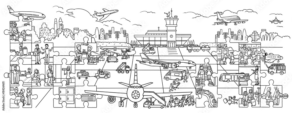 Coloring - a large poster. Airport. Poster. Coloring Large. Website, Banner, Book, Drawing, Selling, Transport, Aircraft, Airport, Aerodrome, image, Strip, Takeoff, Puzzles, Room, Steward, Stewardess,