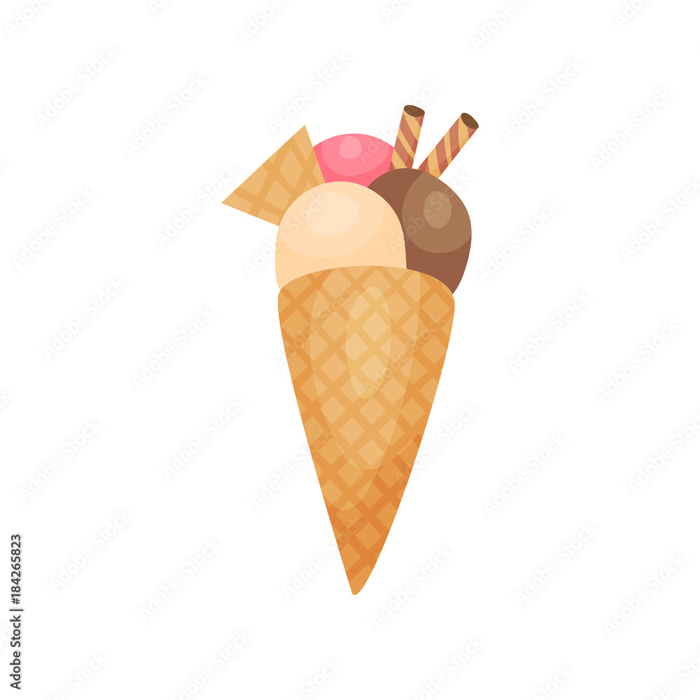 Mixed ice cream scoops in waffle cone, summer time product cartoon vector Illustration Mixed ice cream scoops in waffle cone, summer time product cartoon vector Illustration