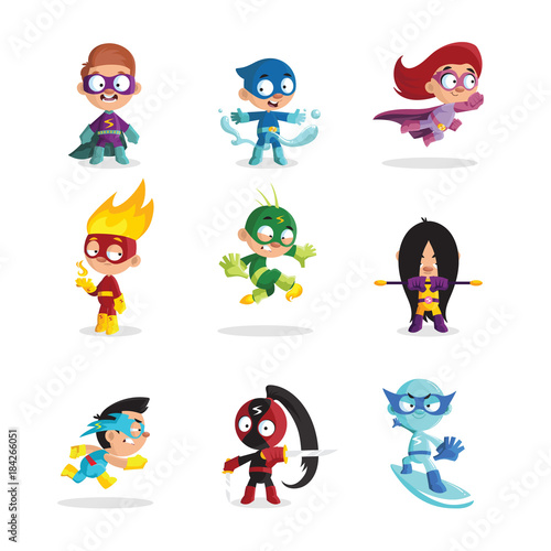 Kids in colorful superhero costumes set, funny boys and girls characters cartoon vector Illustrations photo