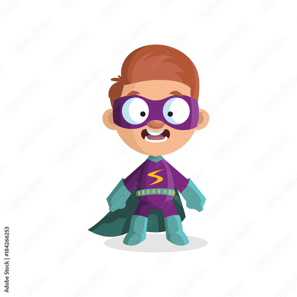 Cute funny boy character in colorful superhero costume cartoon vector Illustration