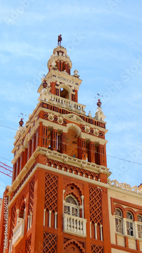 The Giralda, located near Plaza de la Soledad, Badajoz, Extremadura, Spain. A replica of the Giralda in Sevilla built in neo-Arab Andalusian regionalist style photo