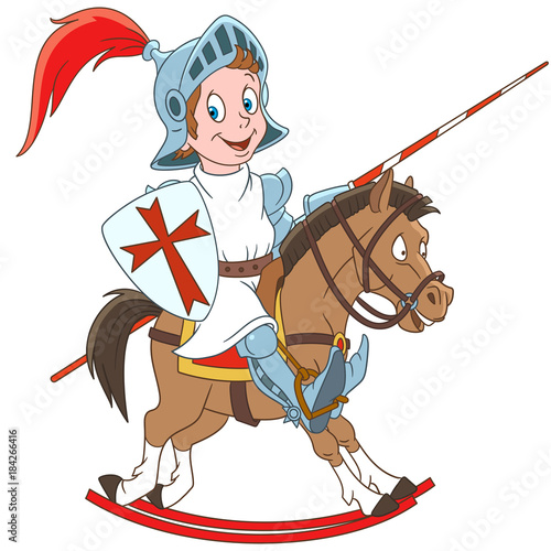 Cartoon medieval knight riding a horse. Design for children's coloring book.