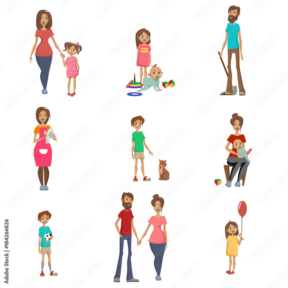 Parents and their kids set, mom, dad and children in different situations, happy family concept cartoon vector Illustrations
