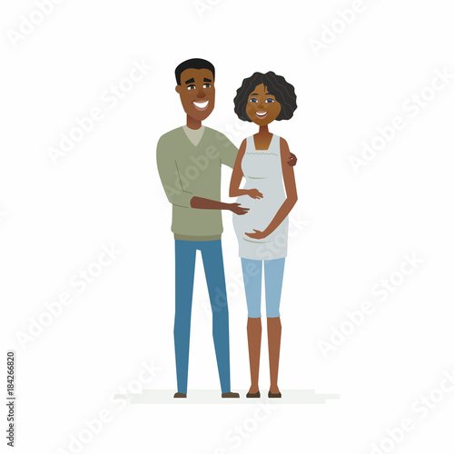 African couple expecting a baby - cartoon people characters isolated illustration