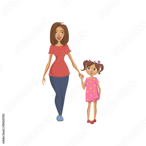 Mother and daughter holding hands, happy family colorful cartoon vector Illustration