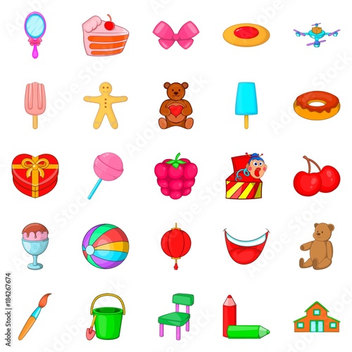 Children birthday icons set, cartoon style