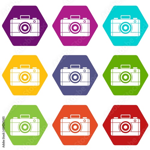 Photo camera icon set color hexahedron