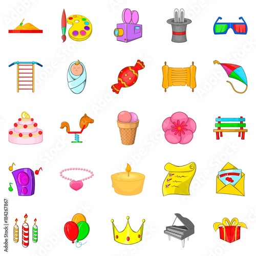Birthday icons set, cartoon style