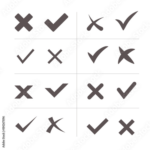 Grey cross and tick vector icon set. 