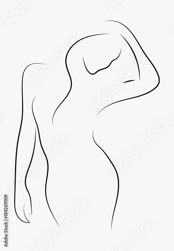 Female figure. Outline of young girl. Stylized slender body. Linear Art. Black and white vector illustration. Contour of a slender figure.