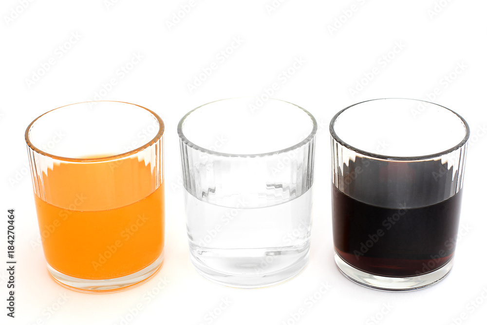 Different drinks in three glasses. Water in a glass on a white background. Drink. Glass