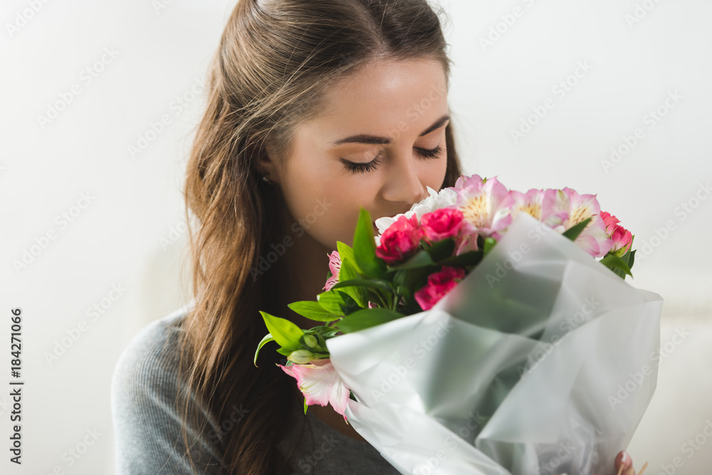 sensual young woman with beautiful flower bouquet sensual young woman with beautiful flower bouquet