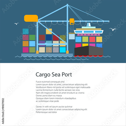 Poster with Cargo Container Ship at a Seaport, Unloading Containers from a Ship in a Dock , International Freight Transportation and Shipping, Brochure Flyer Design, Vector Illustration